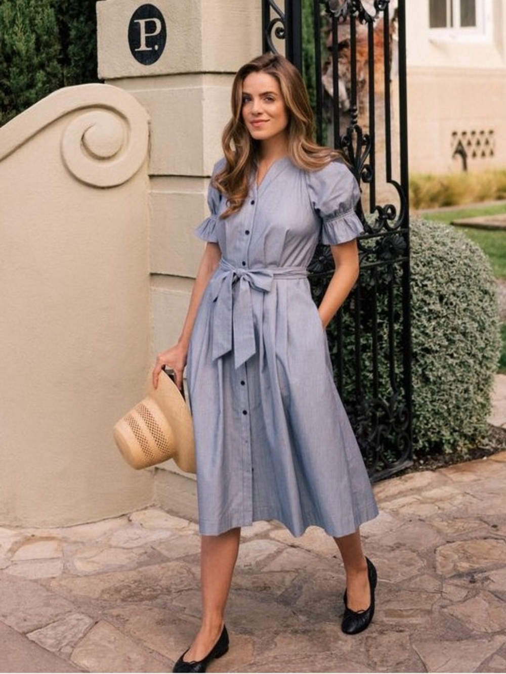 Gal Meets Glam Daisy Steel Blue Button-Front Midi Dress with Tie Waist